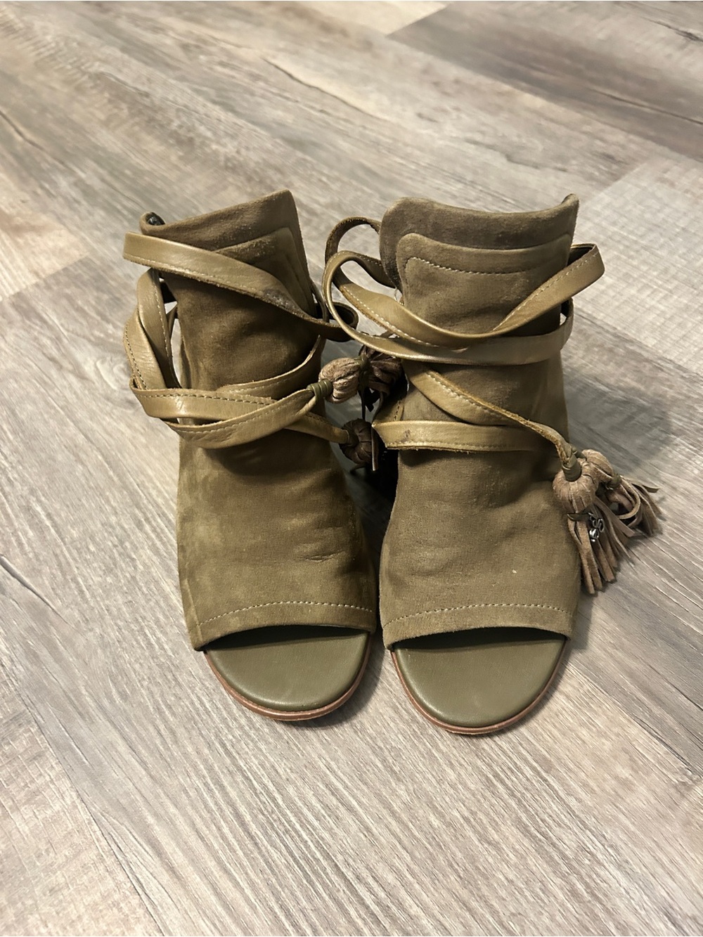 Sam Edelman Olive Suede Wrap-Ankle Open-Toe Booties